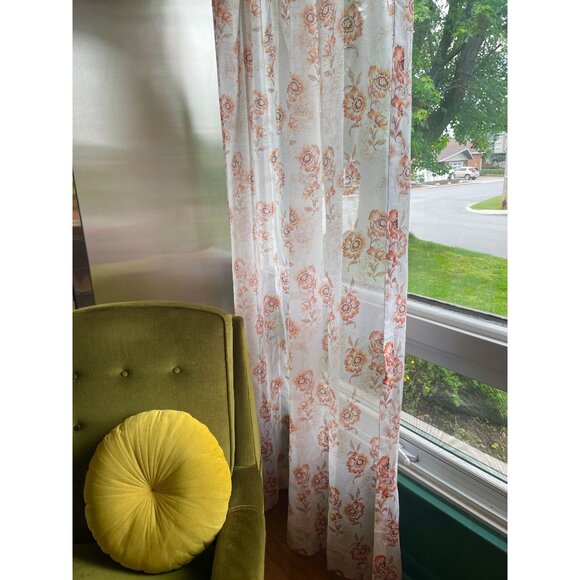Vintage 60s pleated curtain, sheer orange floral pattern, single panel - Picture 2 of 9